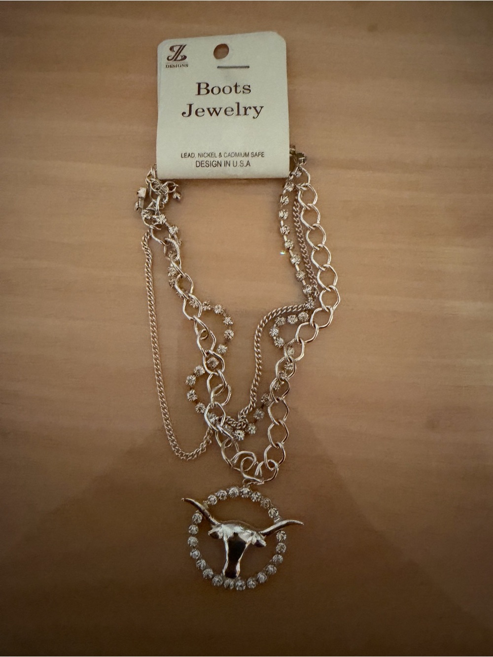 Silver Tone Multi-Chain Necklace with Longhorn Pendant